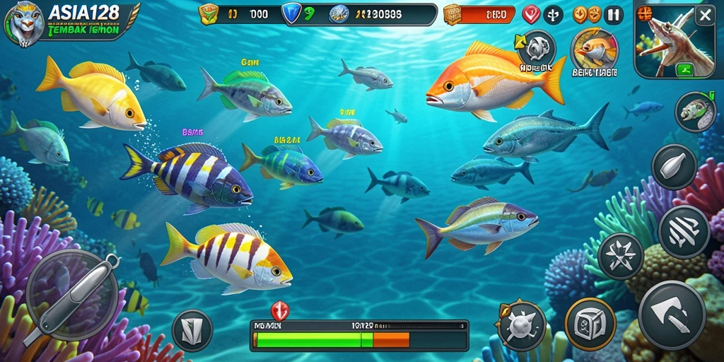 Screenshot utama ASIA128 menampilkan aksi menembak ikan yang seru.