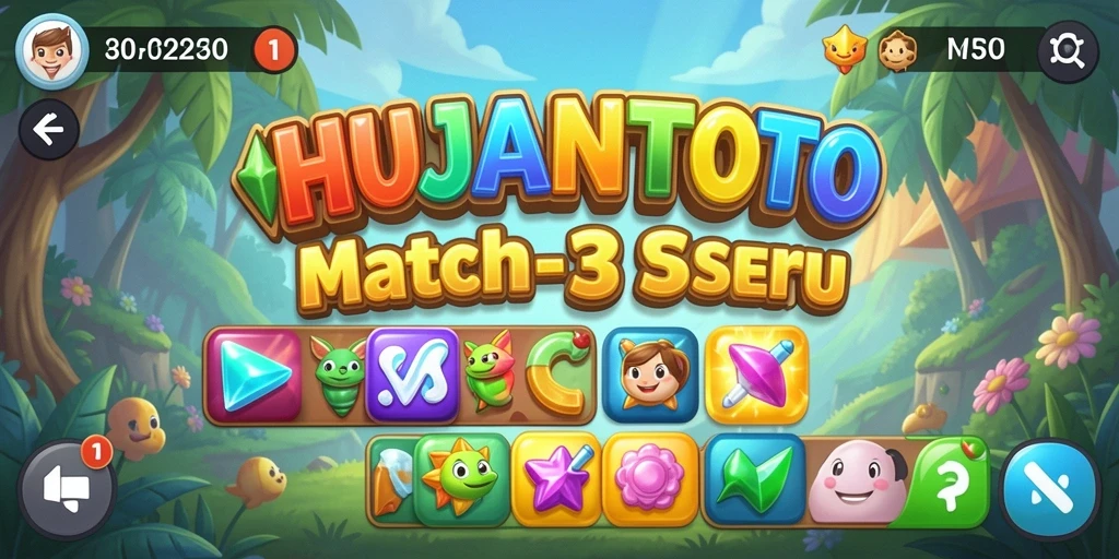 Screenshot utama <strong>HUJANTOTO</strong> menampilkan gameplay Match-3 yang menyenangkan.