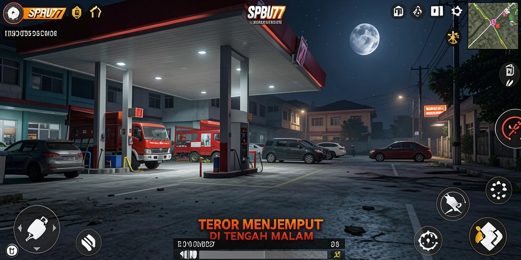 Gameplay SPBU77 yang mencekam dan menegangkan di kegelapan.