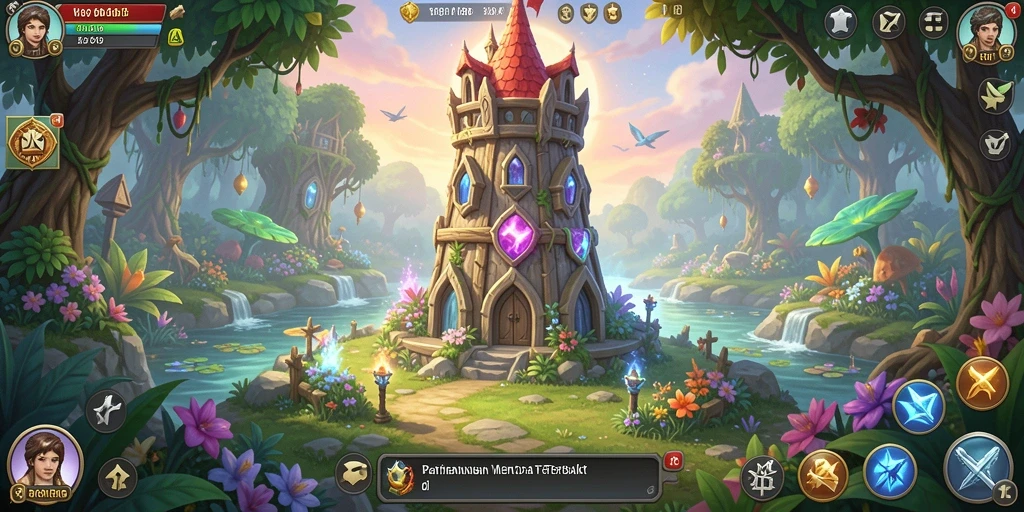 Tampilan gameplay menara dengan pertahanan yang kuat dan musuh yang mendekat.