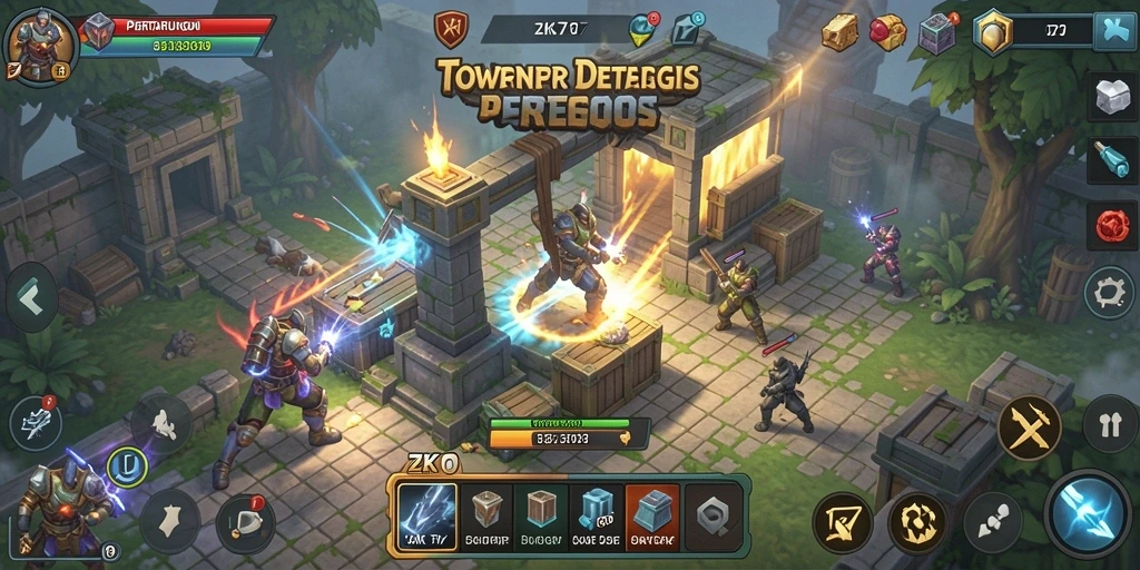 Tangkapan layar gameplay ZK7 menunjukkan strategi Tower Defense yang intens.